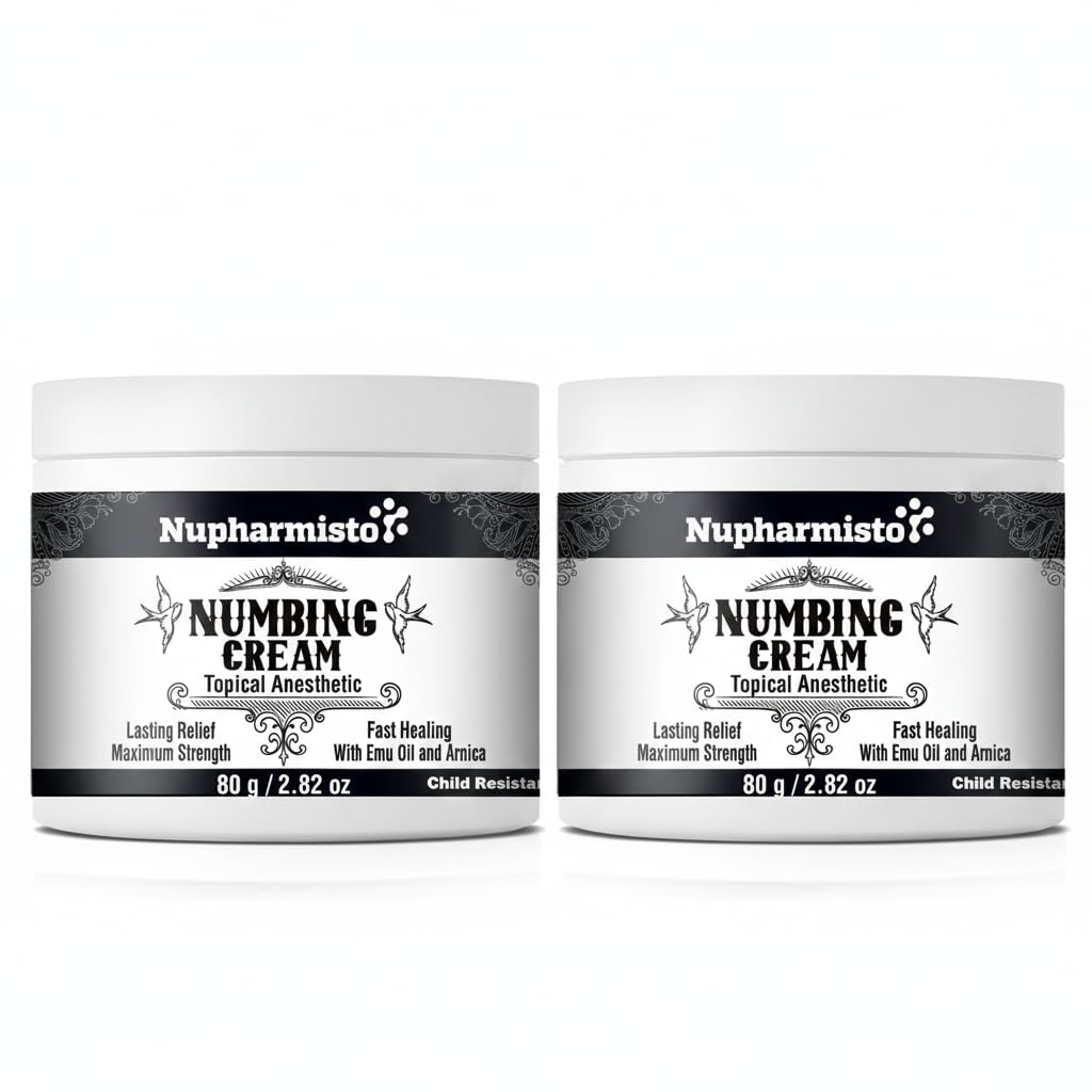 Nupharmisto numbing cream jar (160g) shows strong, long-lasting relief.