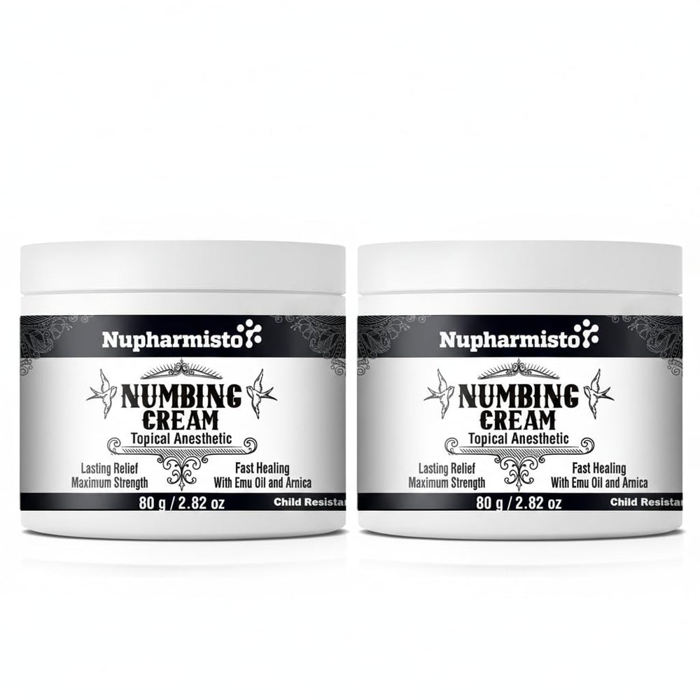 Nupharmisto numbing cream jar (160g) shows strong, long-lasting relief.