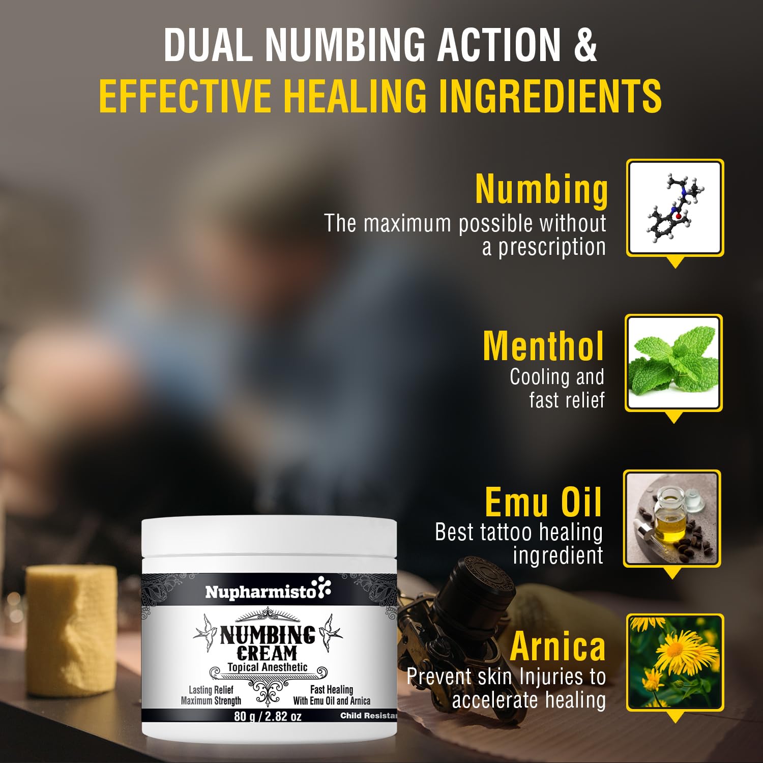 Nupharmisto numbing cream texture shown as non-greasy and odor-free.