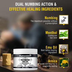 Nupharmisto numbing cream texture shown as non-greasy and odor-free.