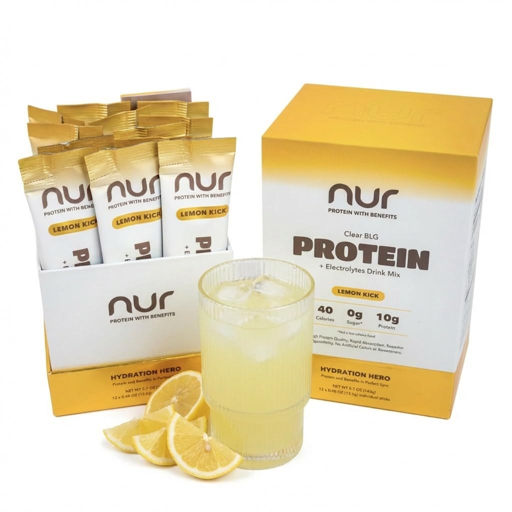 Nur Clear Whey Drink Mix pack front highlights fermented BLG and Lemon Kick flavor for daily hydration