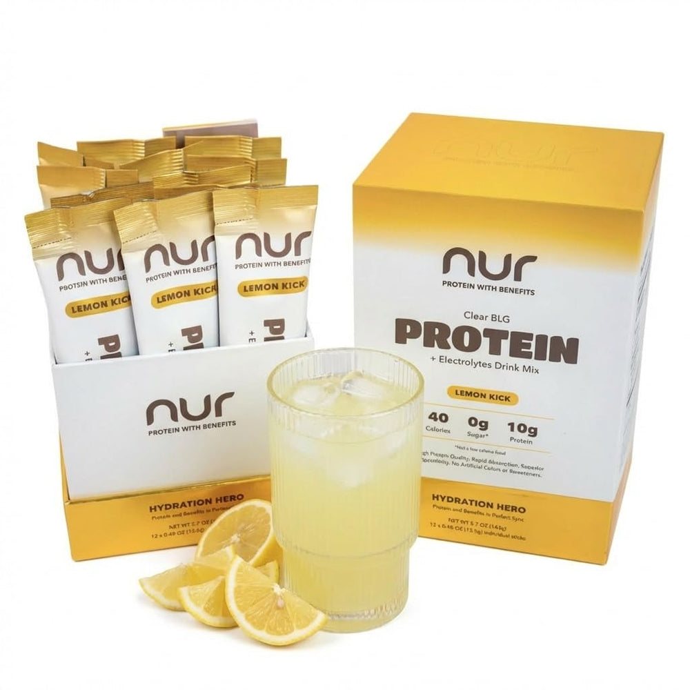 Nur Clear Whey Drink Mix pack front highlights fermented BLG and Lemon Kick flavor for daily hydration