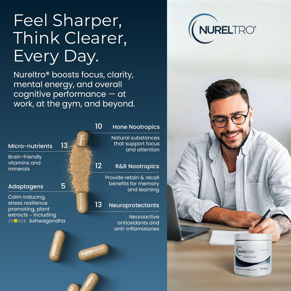 Nureltro packaging box emphasizing a complete brain health formula