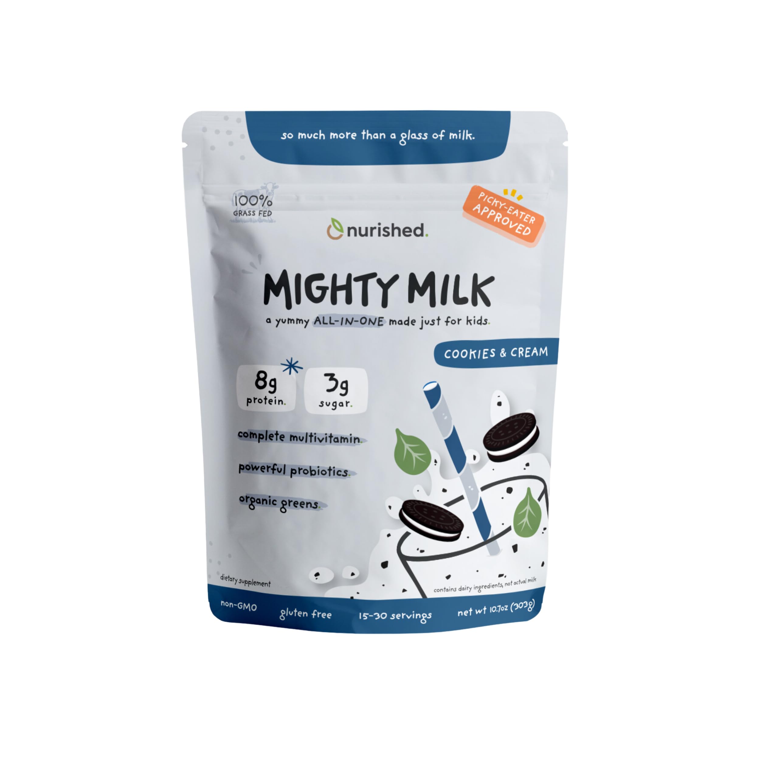 Nurished Cookies Cream Mighty Milk tub closeup highlights protein-rich daily nutrition for kids