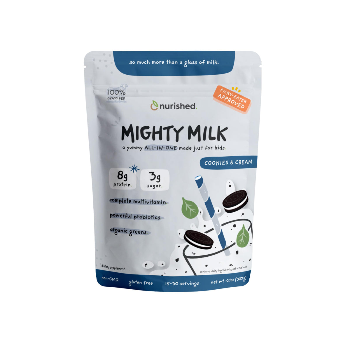 Nurished Cookies Cream Mighty Milk tub closeup highlights protein-rich daily nutrition for kids