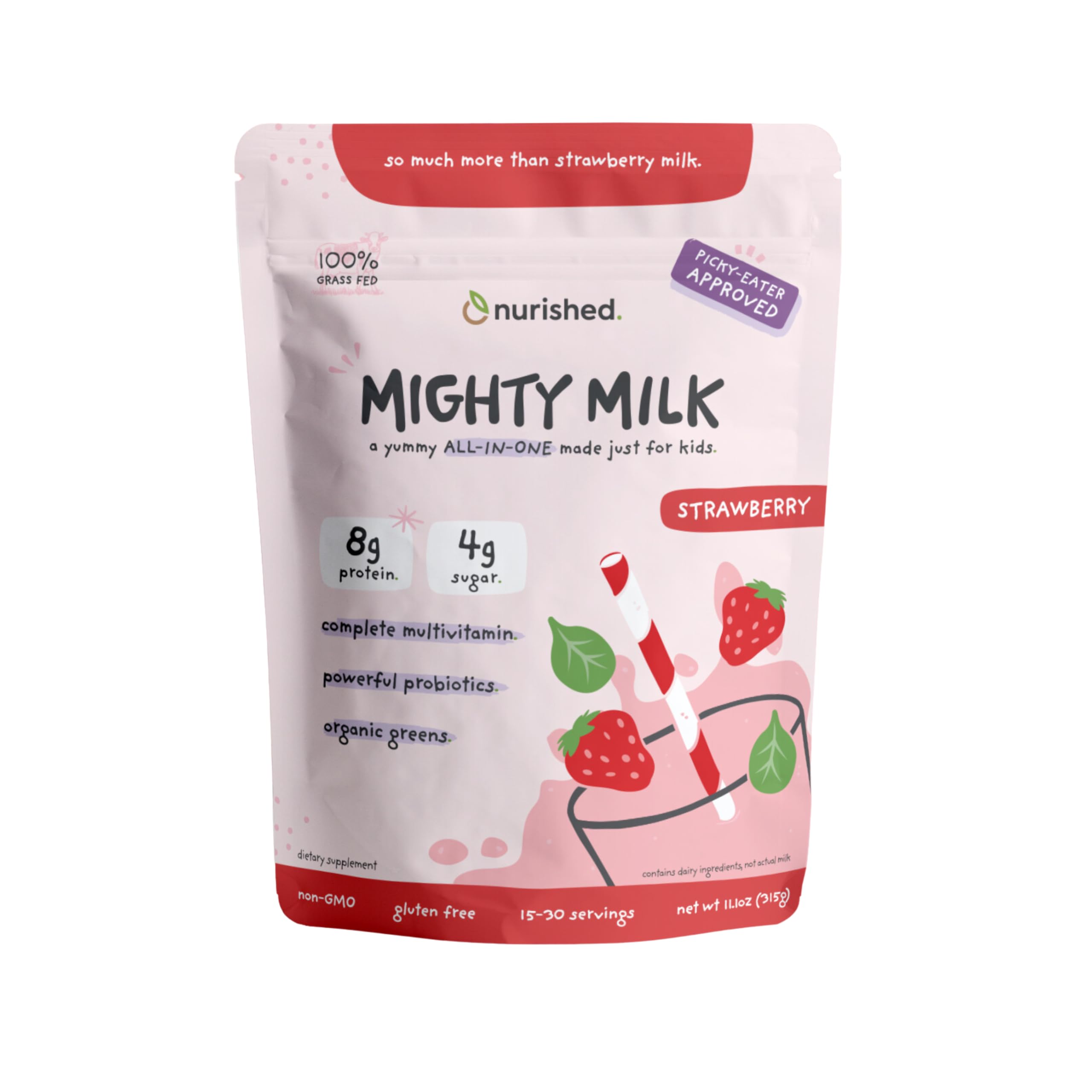 Nurished Mighty Strawberry Milk bottle pour for kid-friendly daily nutrition.