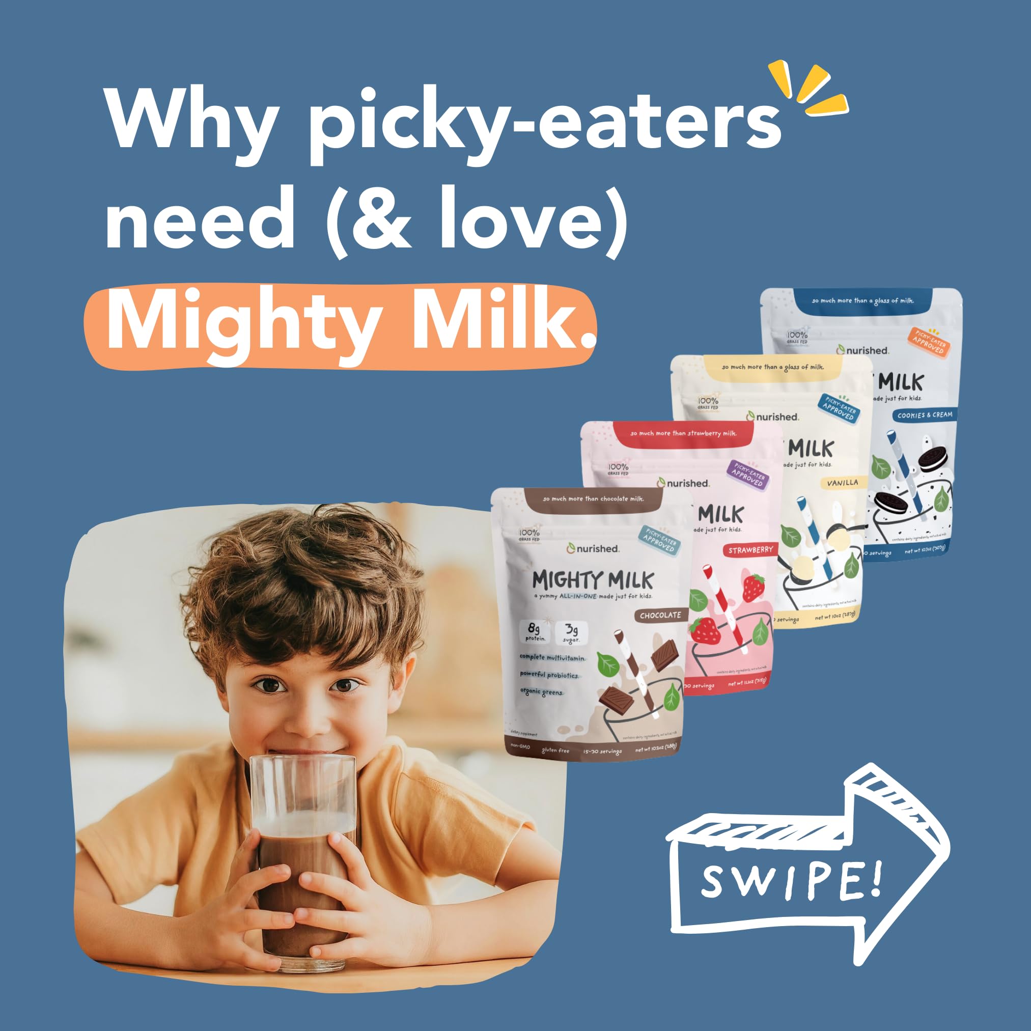Nurished Mighty Strawberry Milk probiotic icon highlighting gut-friendly option.