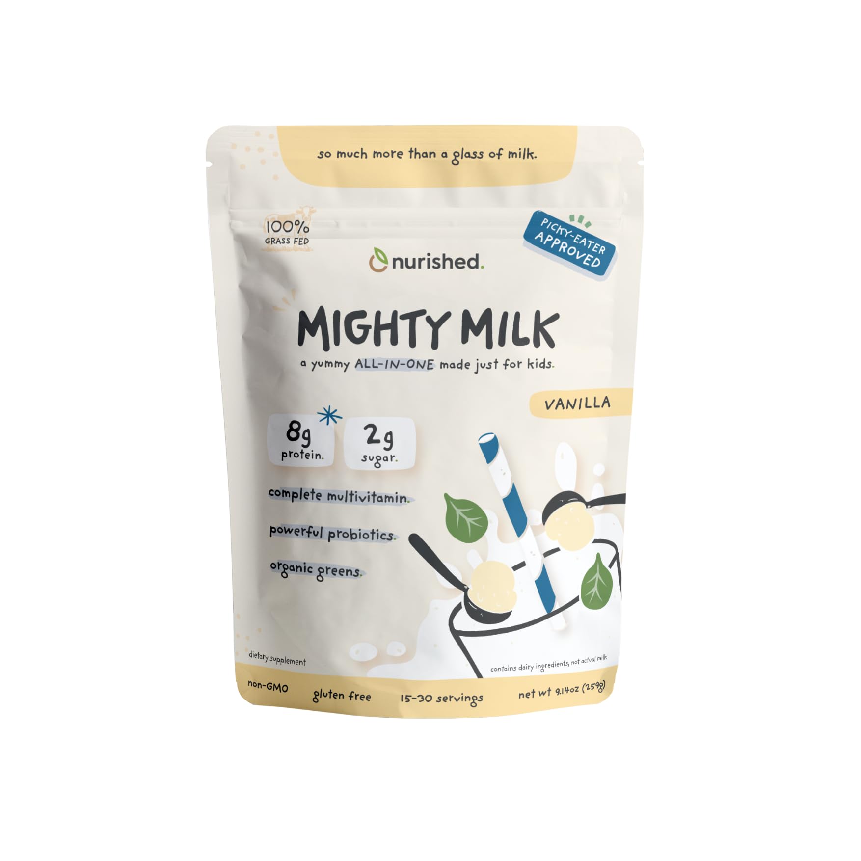 Nurished Vanilla Mighty Milk tub front view for kids' daily nutrition.