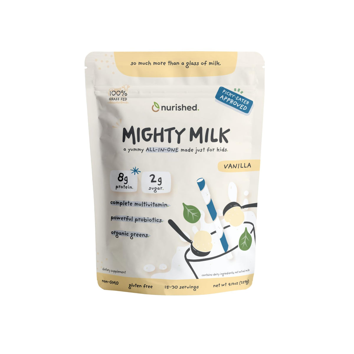 Nurished Vanilla Mighty Milk tub front view for kids' daily nutrition.
