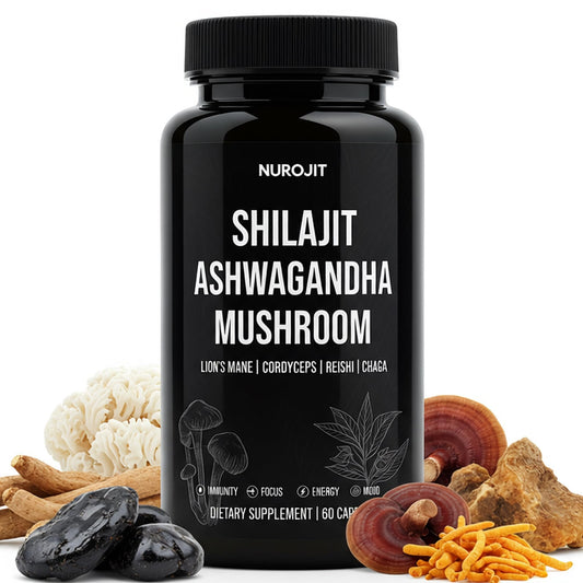 NuroJit Shilajit Ashwagandha Mushroom Capsules bottle front for daily balance.