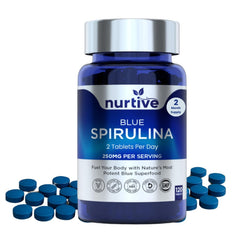 NURTIVE Blue Spirulina tablets in a bottle for convenient daily dosing