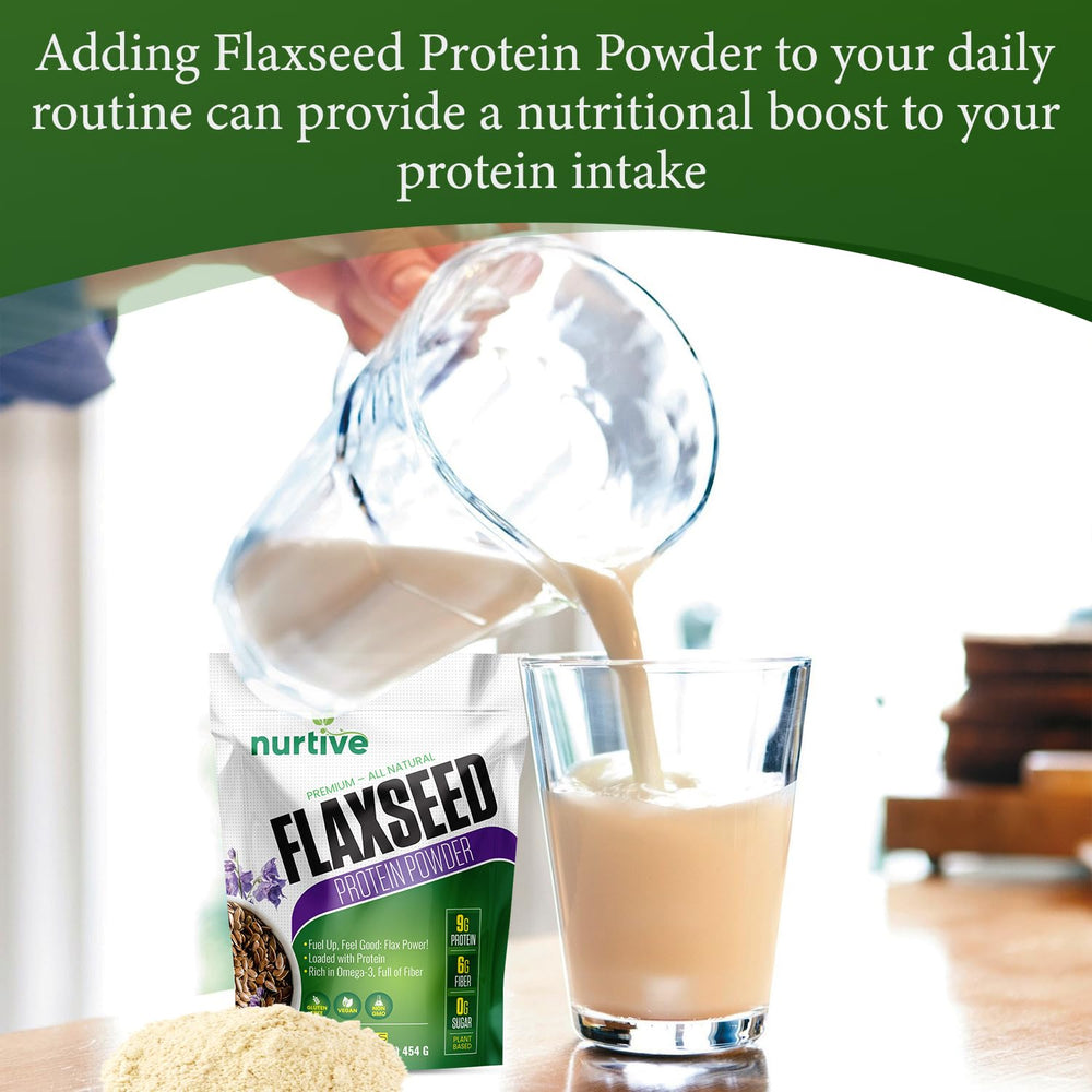 NURTIVE flaxseed protein powder baking scene suggests easy recipe integration.