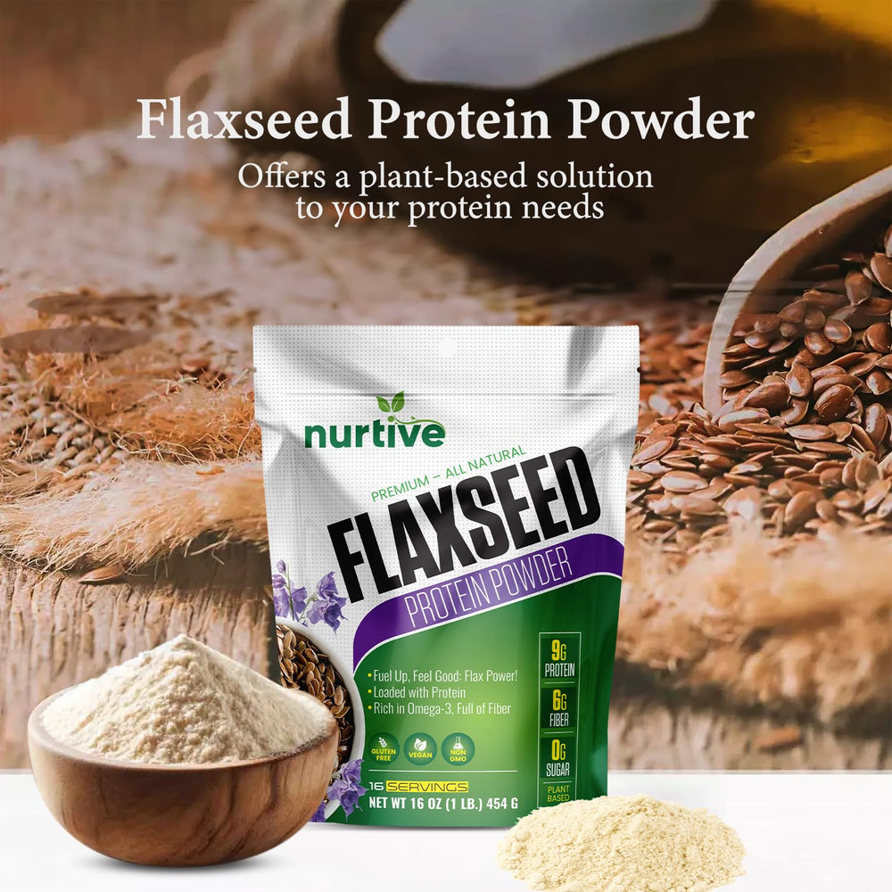 NURTIVE flaxseed protein powder dispensing scene with convenient scoop and measuring.
