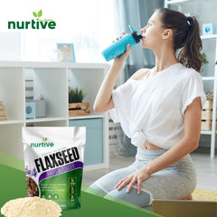 NURTIVE flaxseed protein powder gluten-free badge communicates safe dietary option.