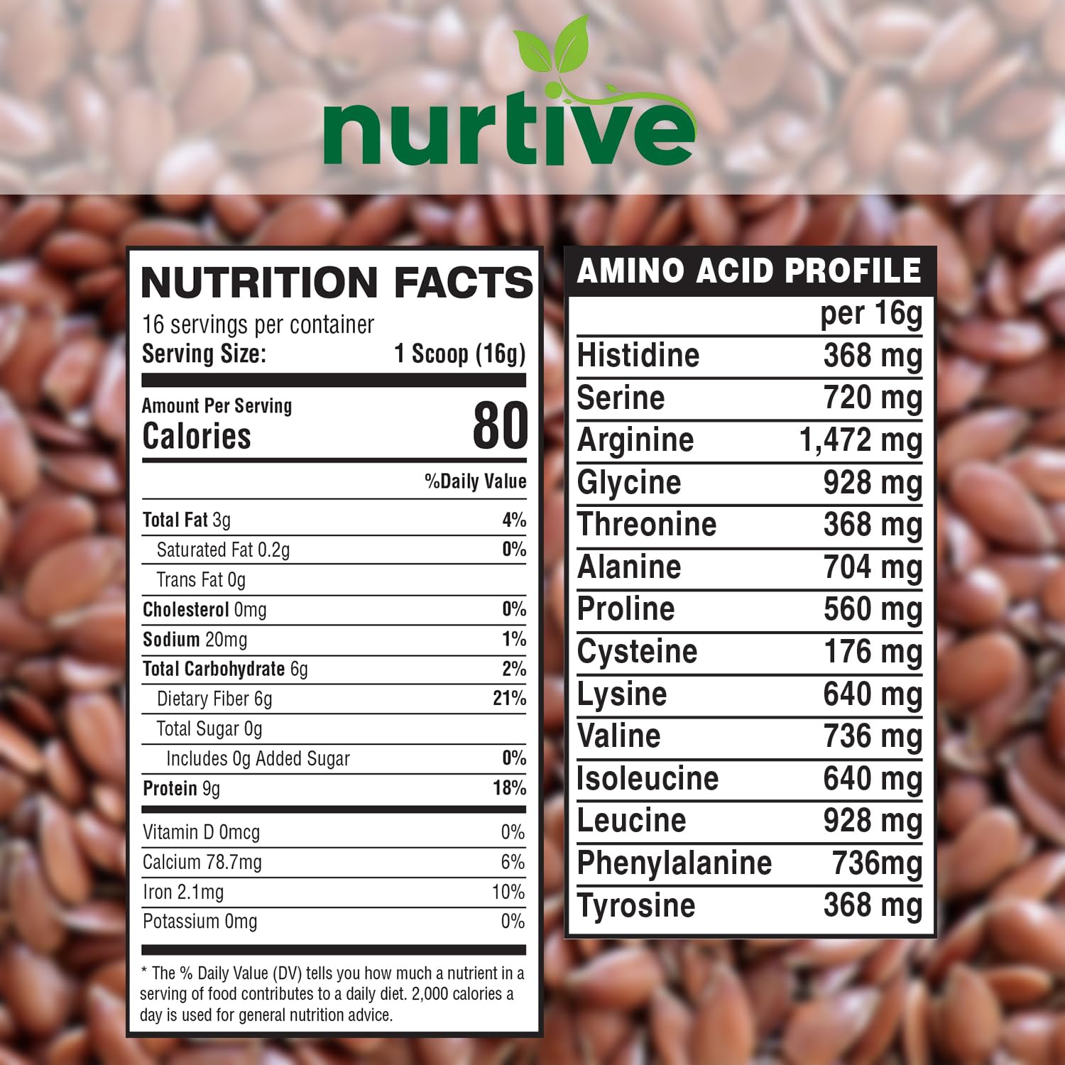 NURTIVE flaxseed protein powder nutrition label shows omega-3s and antioxidants benefits.