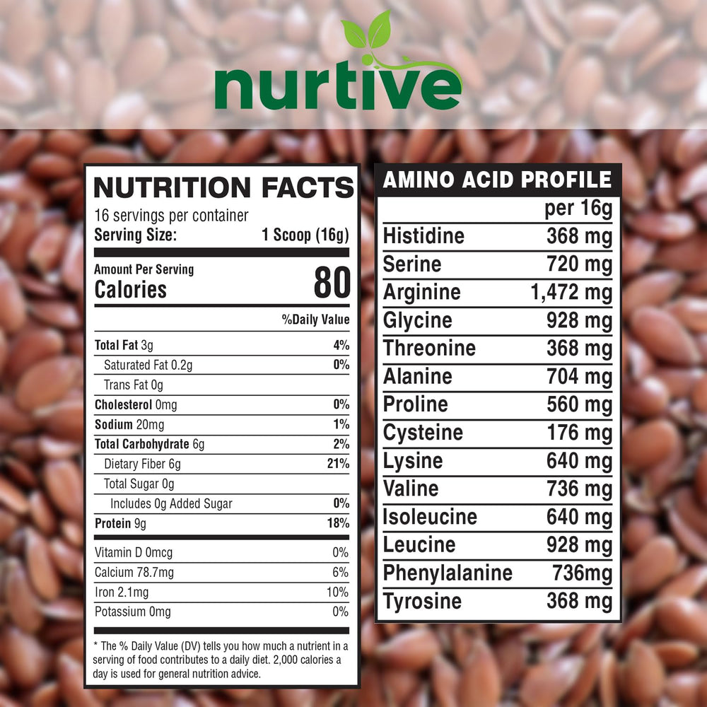 NURTIVE flaxseed protein powder nutrition label shows omega-3s and antioxidants benefits.
