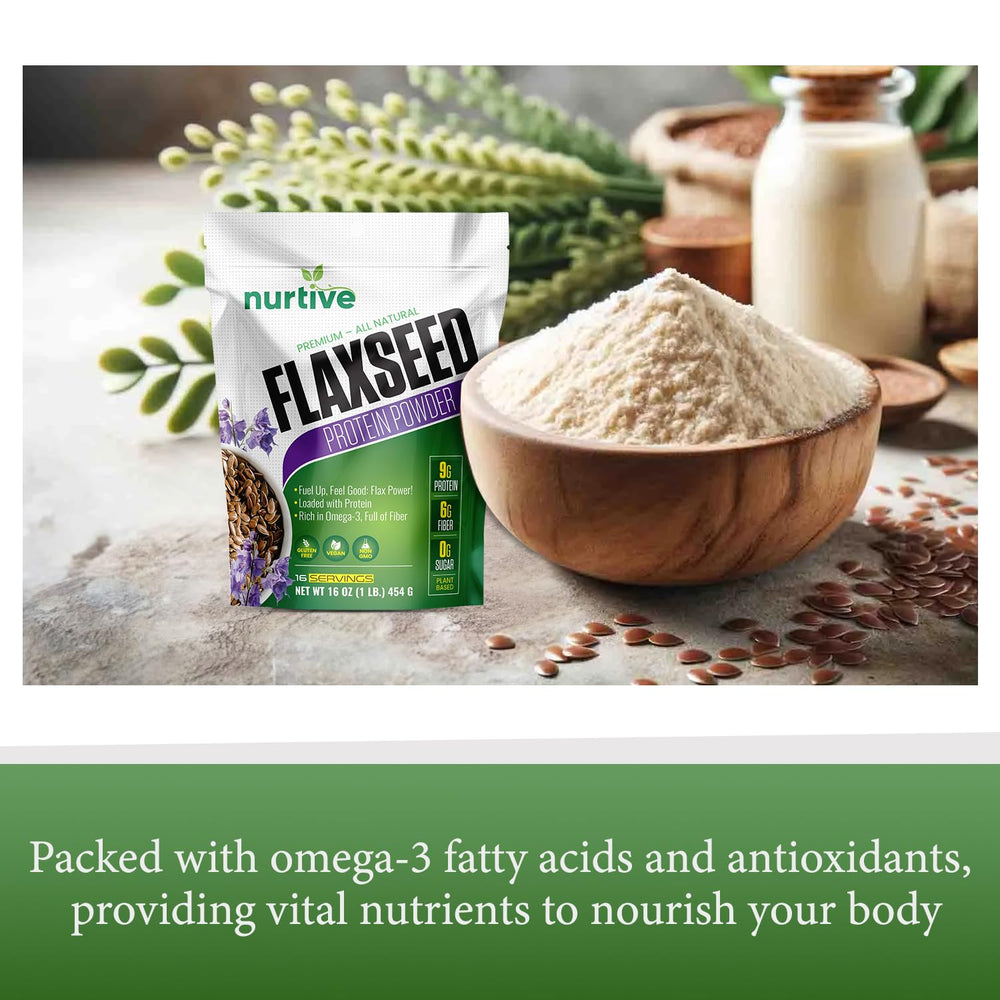 NURTIVE flaxseed protein powder ingredients image emphasizes non-GMO and gluten-free sourcing.
