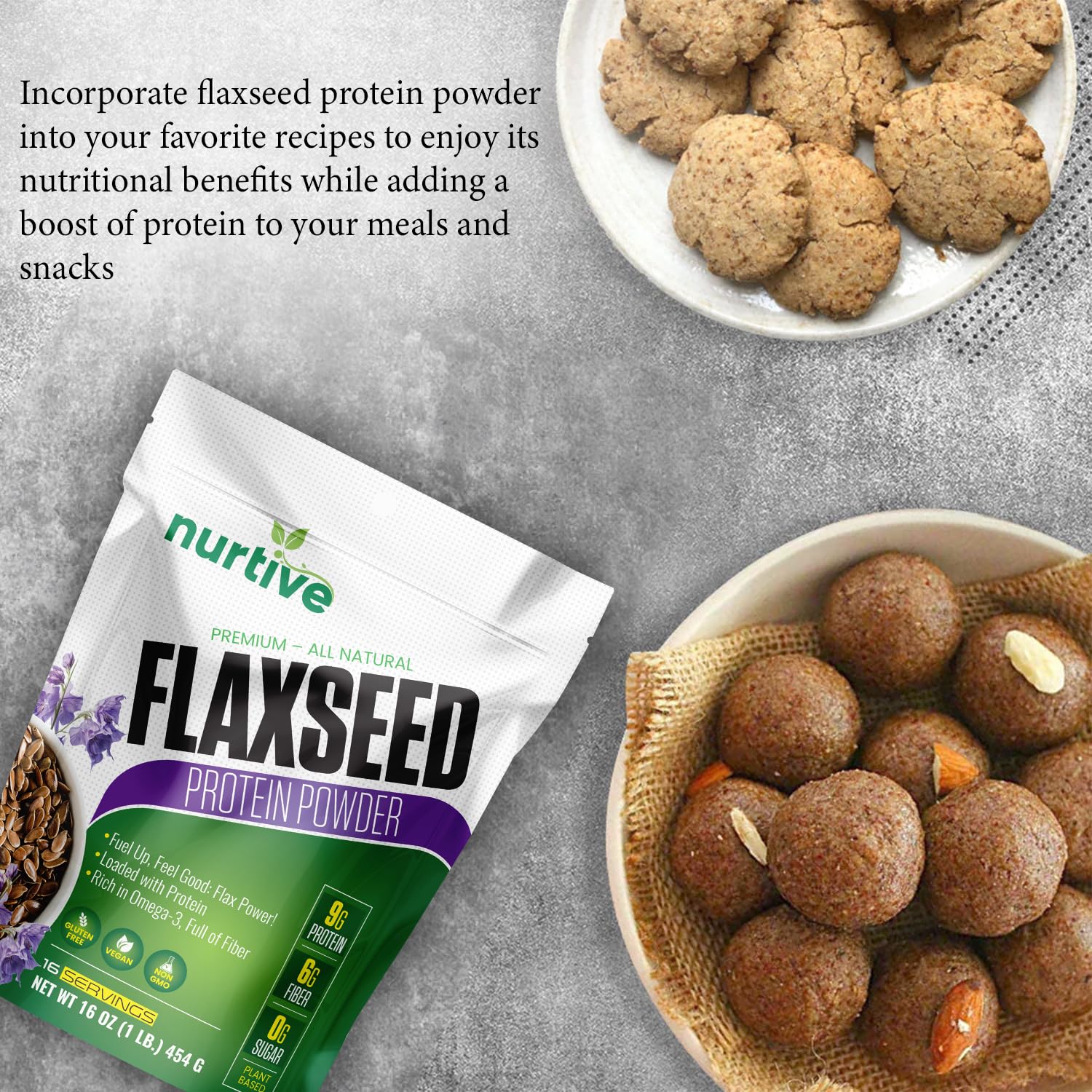 NURTIVE flaxseed protein powder scoop demonstrates quick mix for smoothies.