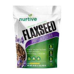 NURTIVE flaxseed protein powder tub front highlights plant-based nutrition for daily energy.