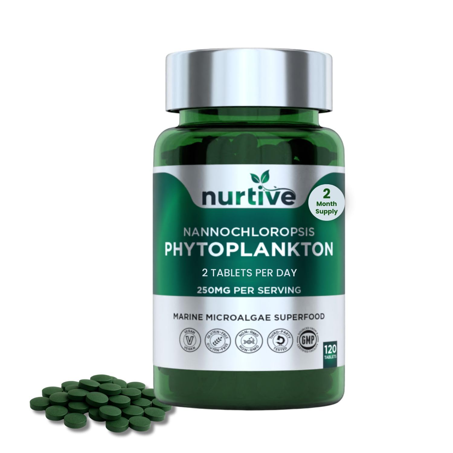 NURTIVE Nannochloropsis tablets close-up for daily microalgae routine.