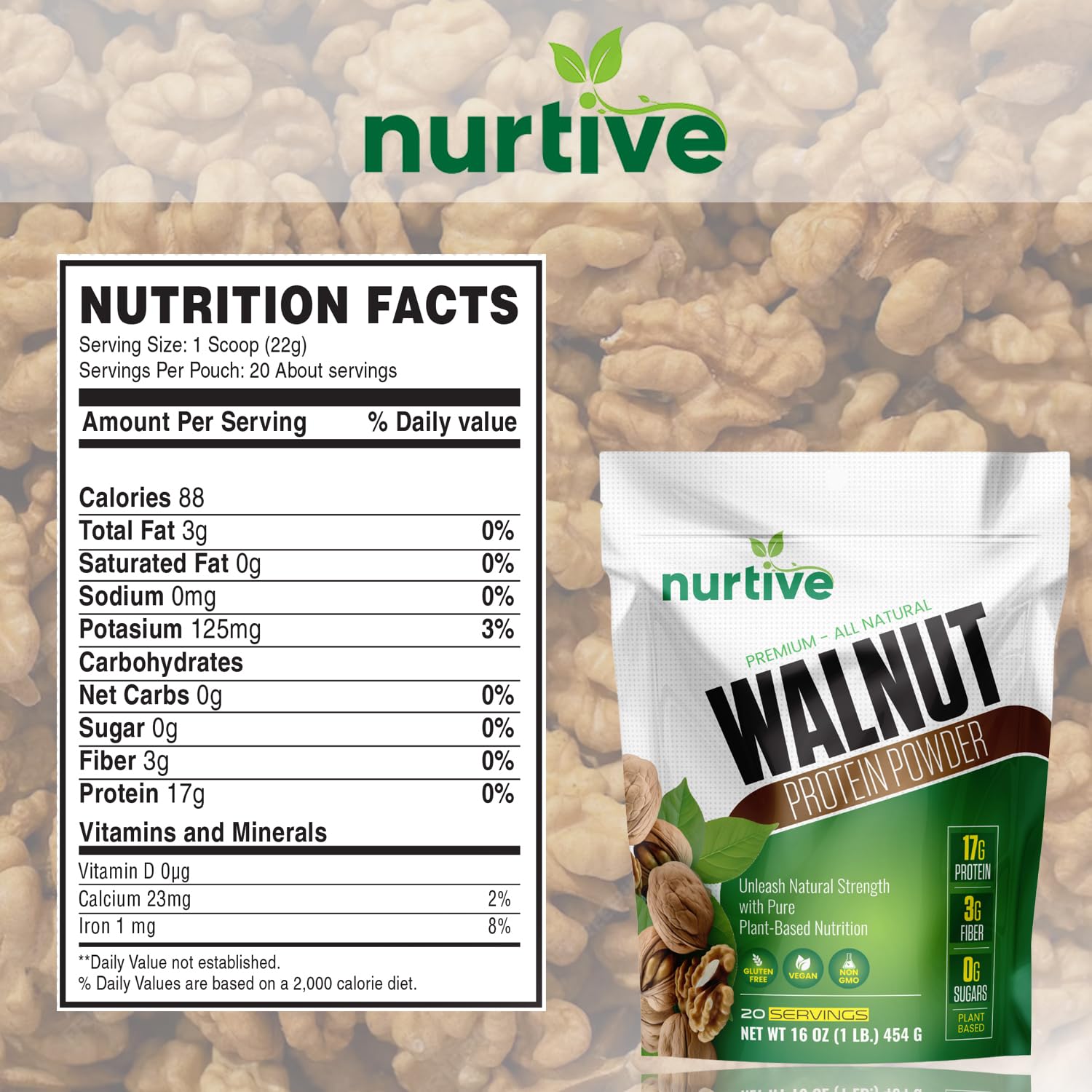 NURTIVE Walnut Protein Powder back label emphasizing vegan and gluten-free formulation
