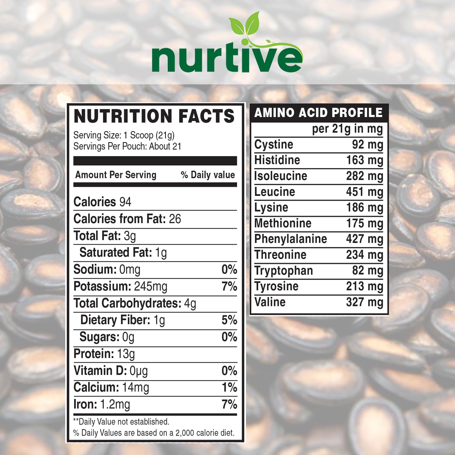 NURTIVE Watermelon Seed Protein powder ingredients panel showing magnesium and iron