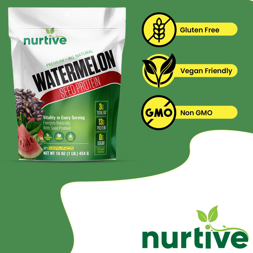 NURTIVE Watermelon Seed Protein powder on kitchen counter with reusable spoon