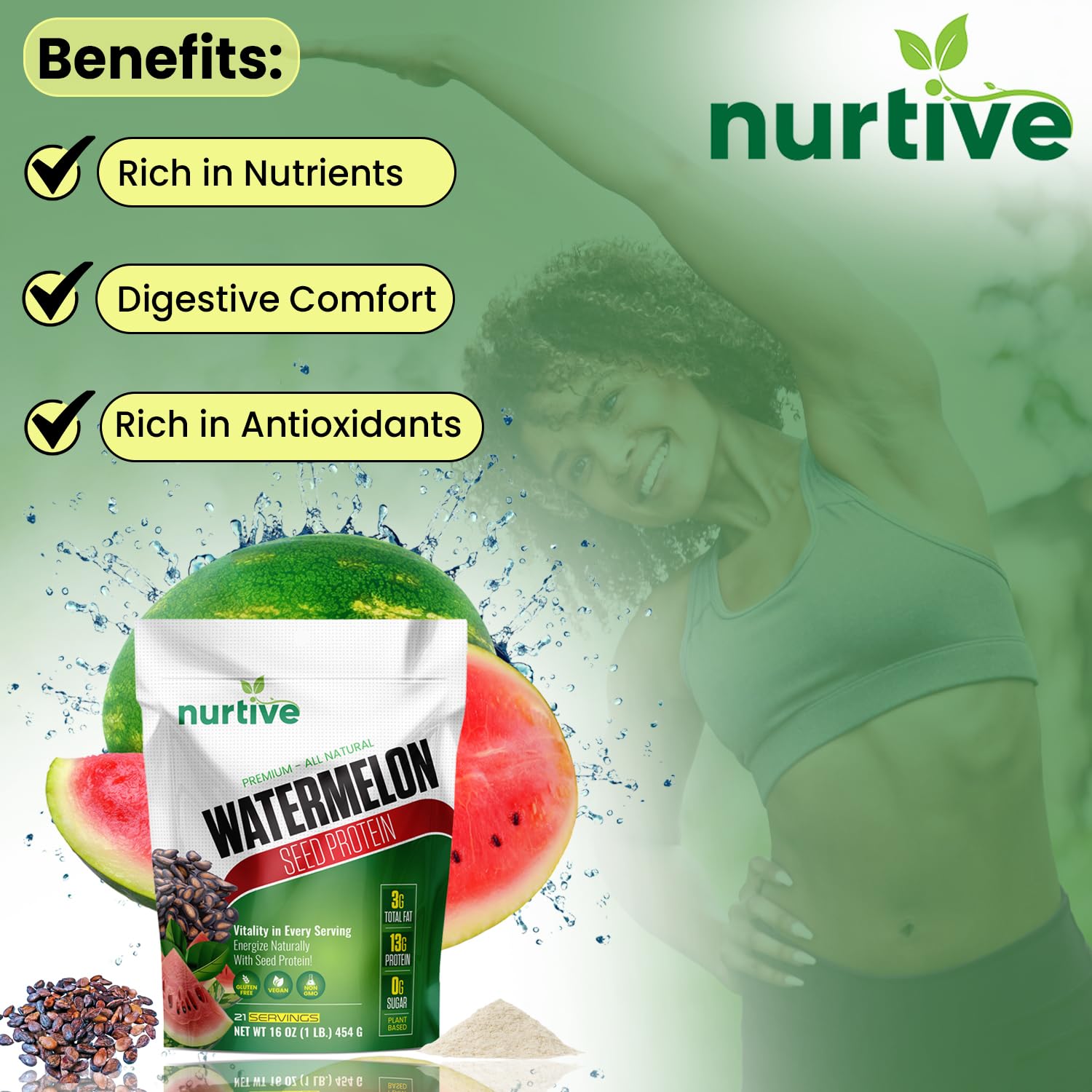 NURTIVE Watermelon Seed Protein powder container on shelf highlighting sustainability