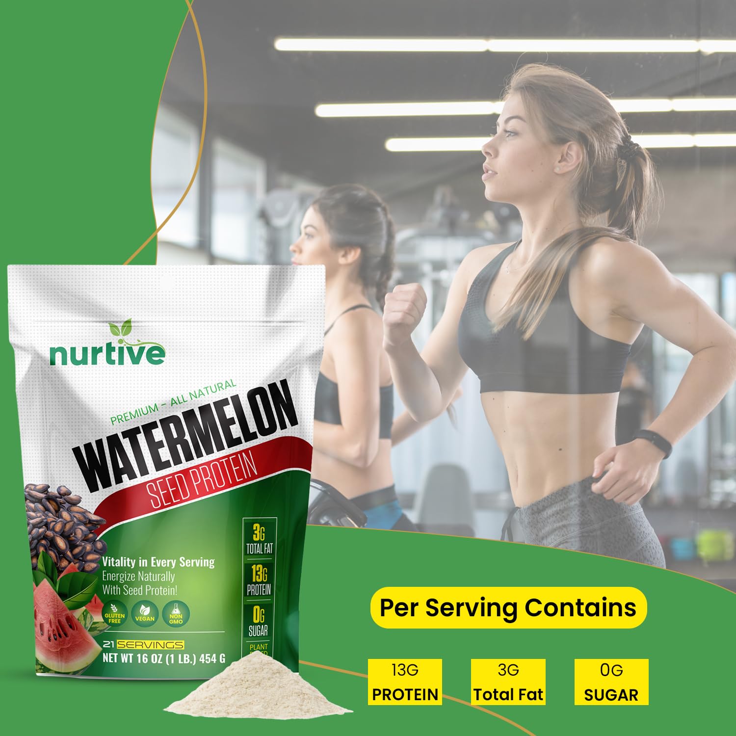 NURTIVE Watermelon Seed Protein powder scoop beside glass of plant milk