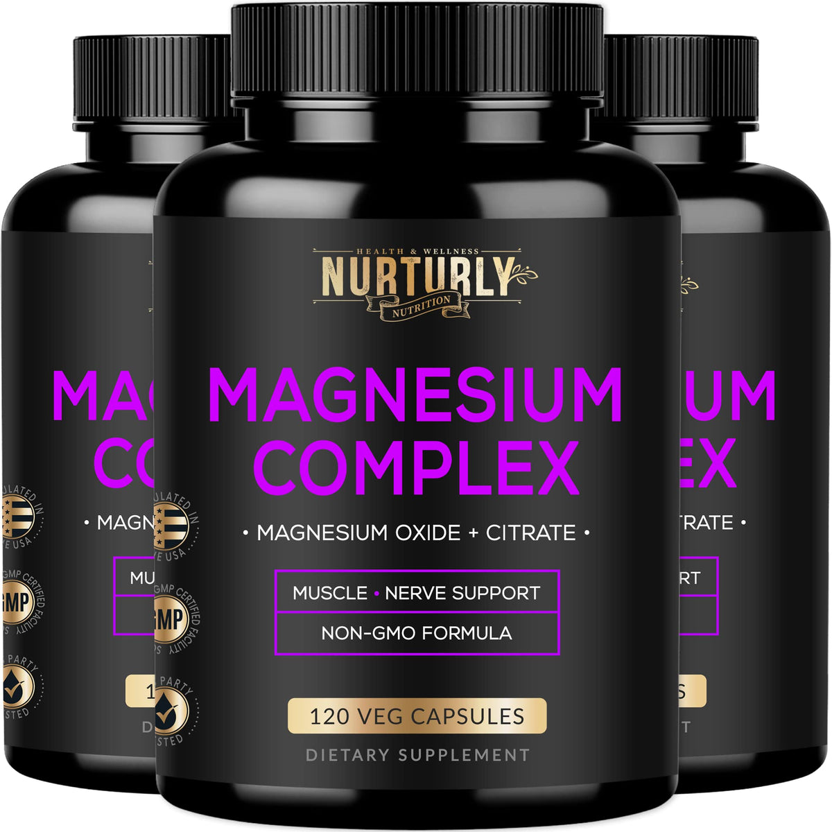 Nurturly magnesium citrate-oxide 500mg bottle closeup supporting muscle and bone health.