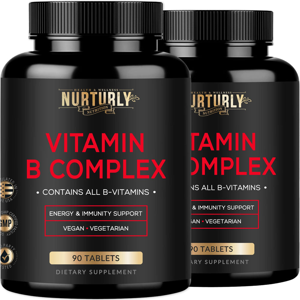 NURTURLY Vitamin B Complex bottle with label highlighting energy support.