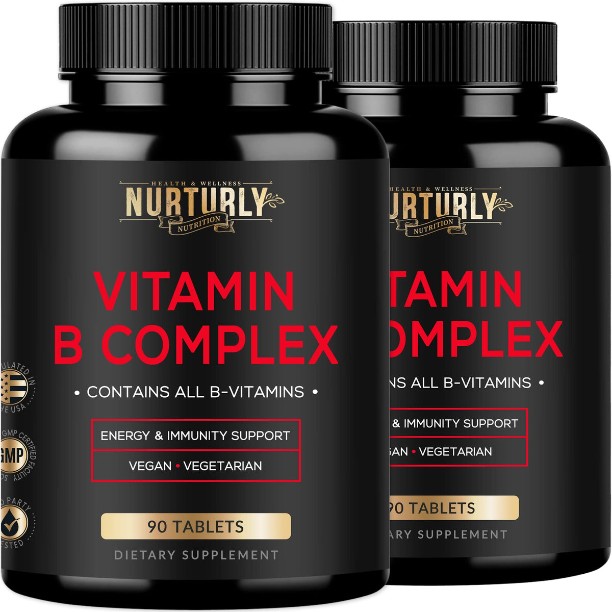 NURTURLY Vitamin B Complex bottle with label highlighting energy support.