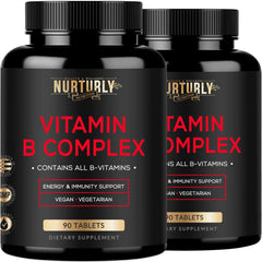 NURTURLY Vitamin B Complex bottle with label highlighting energy support.