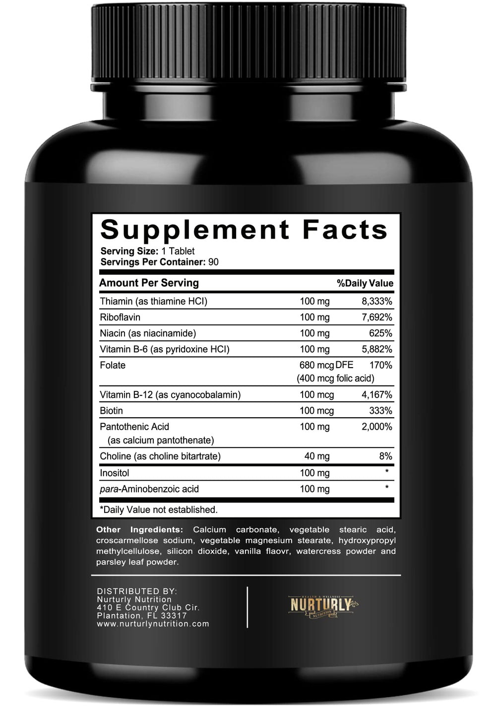 NURTURLY Vitamin B Complex packaging display with USA-made quality note.