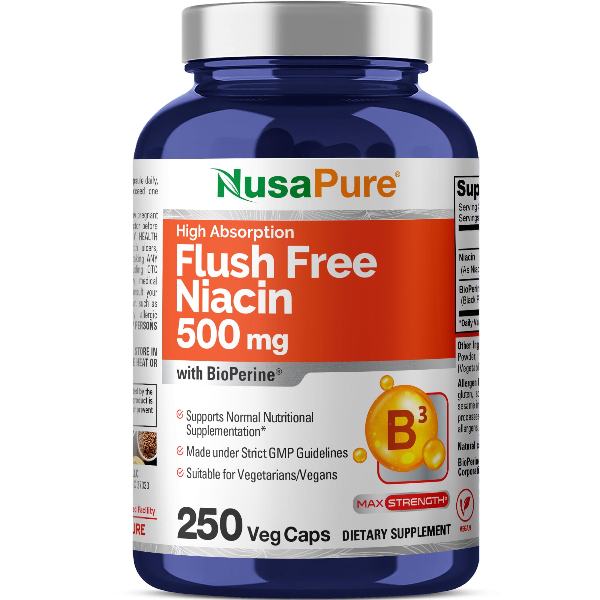 NusaPure FUSH Free Niacin bottle front, vegan-friendly daily supplement