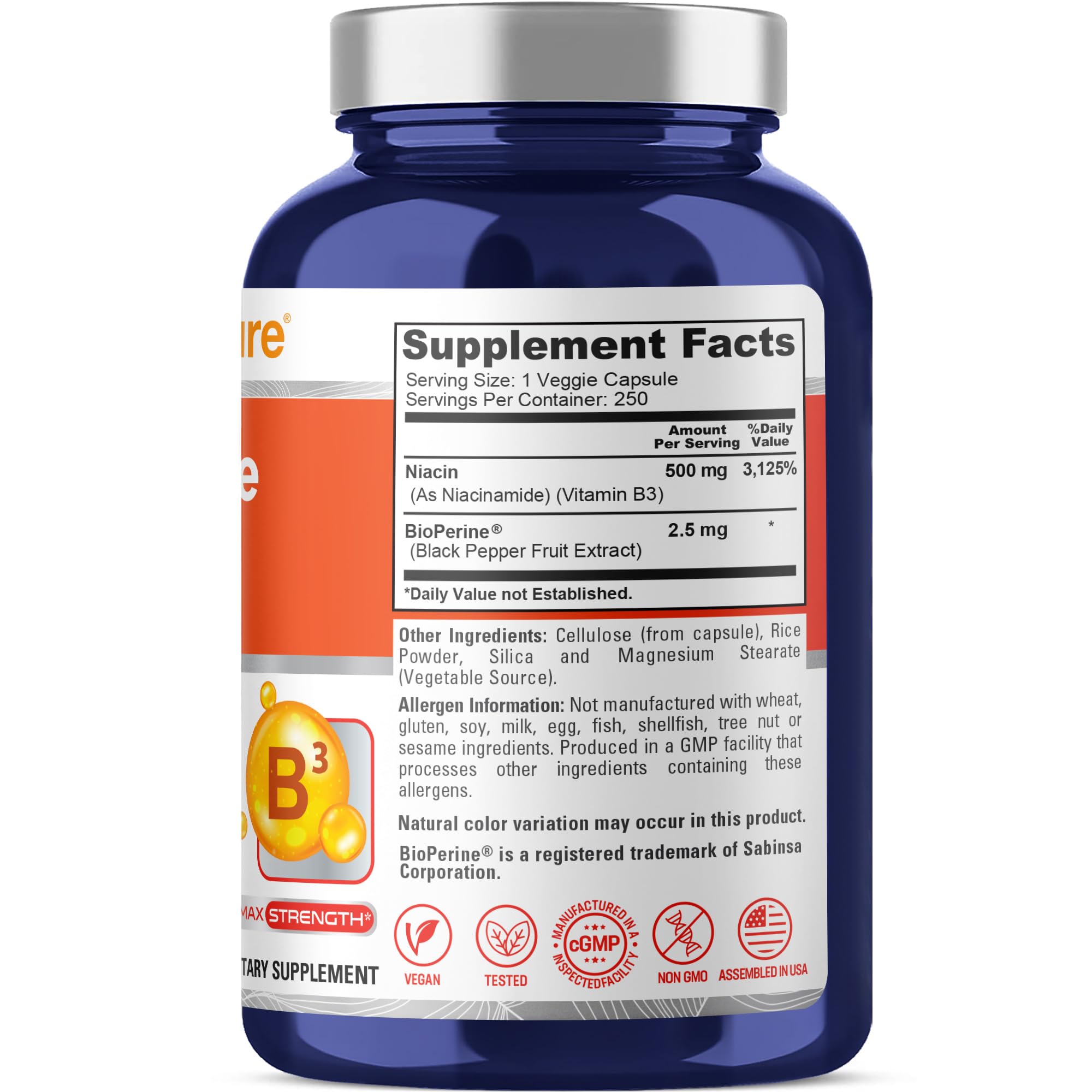 NusaPure FUSH Free Niacin capsules close-up, 500 mg dosage
