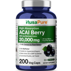 NusaPure Acai Berry 50:1 Extract bottle with 200 vegan capsules for daily antioxidant support