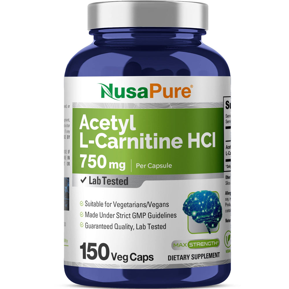 NusaPure Acetyl L-Carnitine bottle showing 750 mg capsules for daily use
