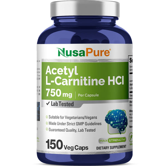 NusaPure Acetyl L-Carnitine bottle showing 750 mg capsules for daily use