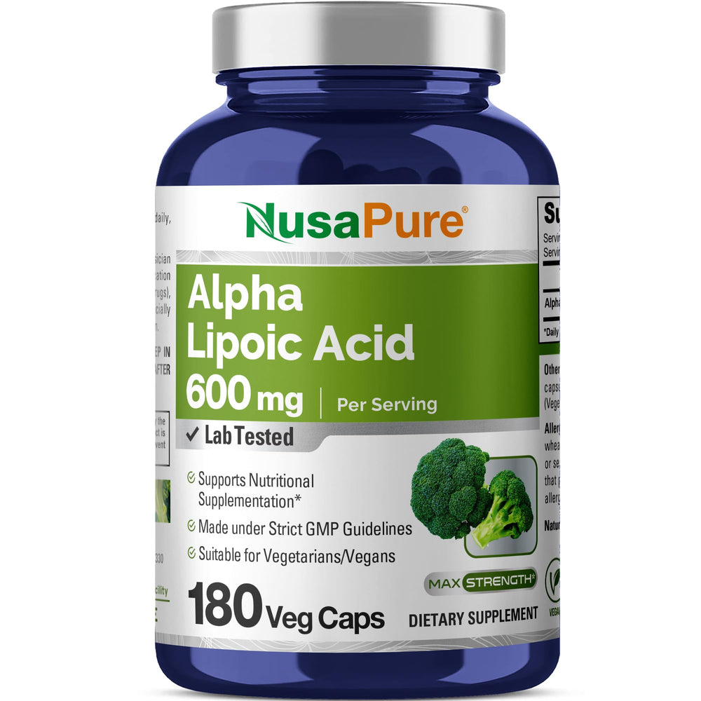 NusaPure Alpha Lipoic Acid bottle showing 600 mg per serving for daily use