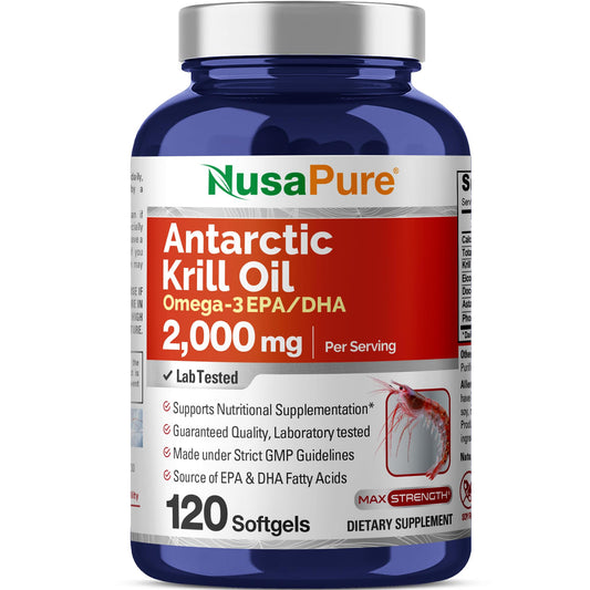 NusaPure Antarctic Krill Oil bottle close-up showing 120 softgels for convenience.