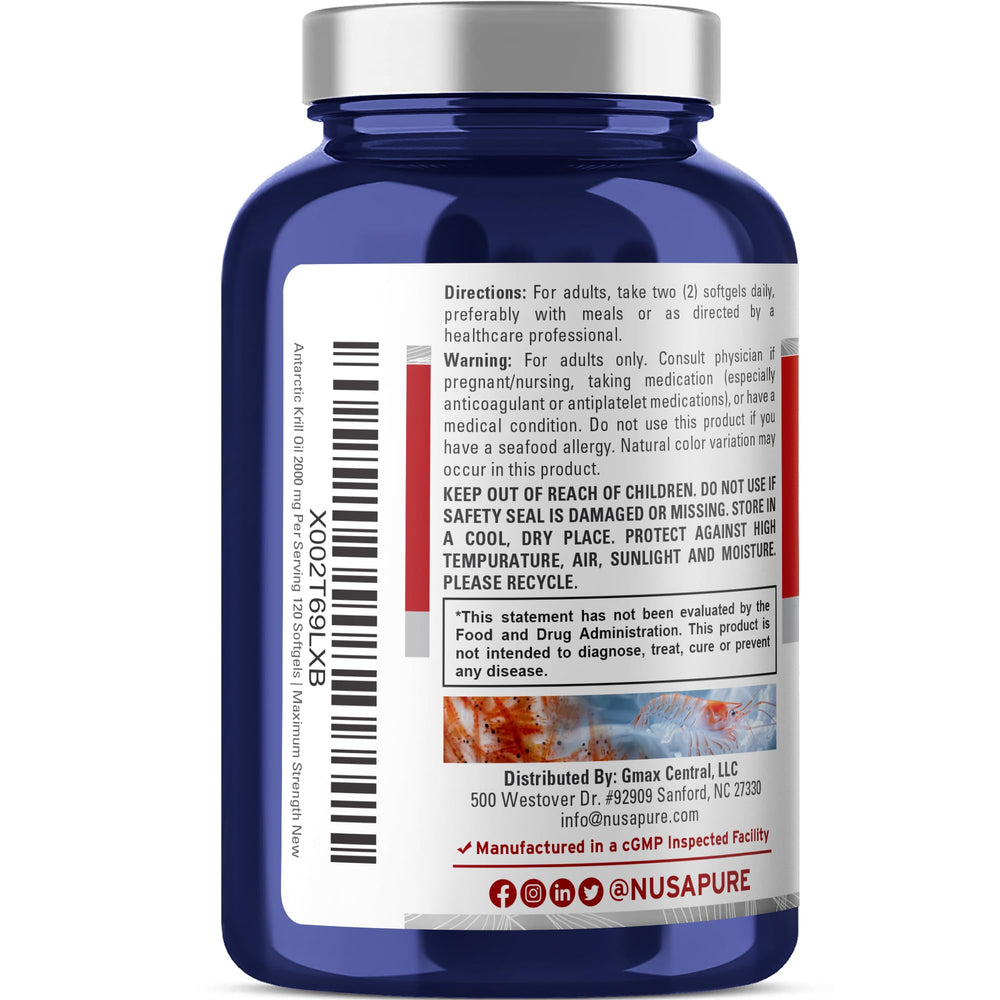 NusaPure Antarctic Krill Oil label detail emphasizing non-GMO and soyfree formulation.