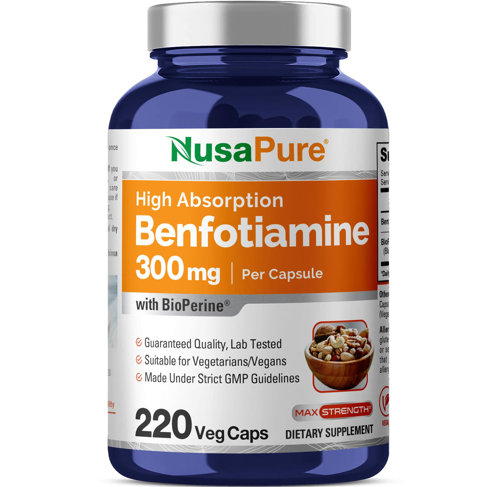 NusaPure Benfotiamine 300mg veggie caps bottle highlights vegan capsule format for daily use