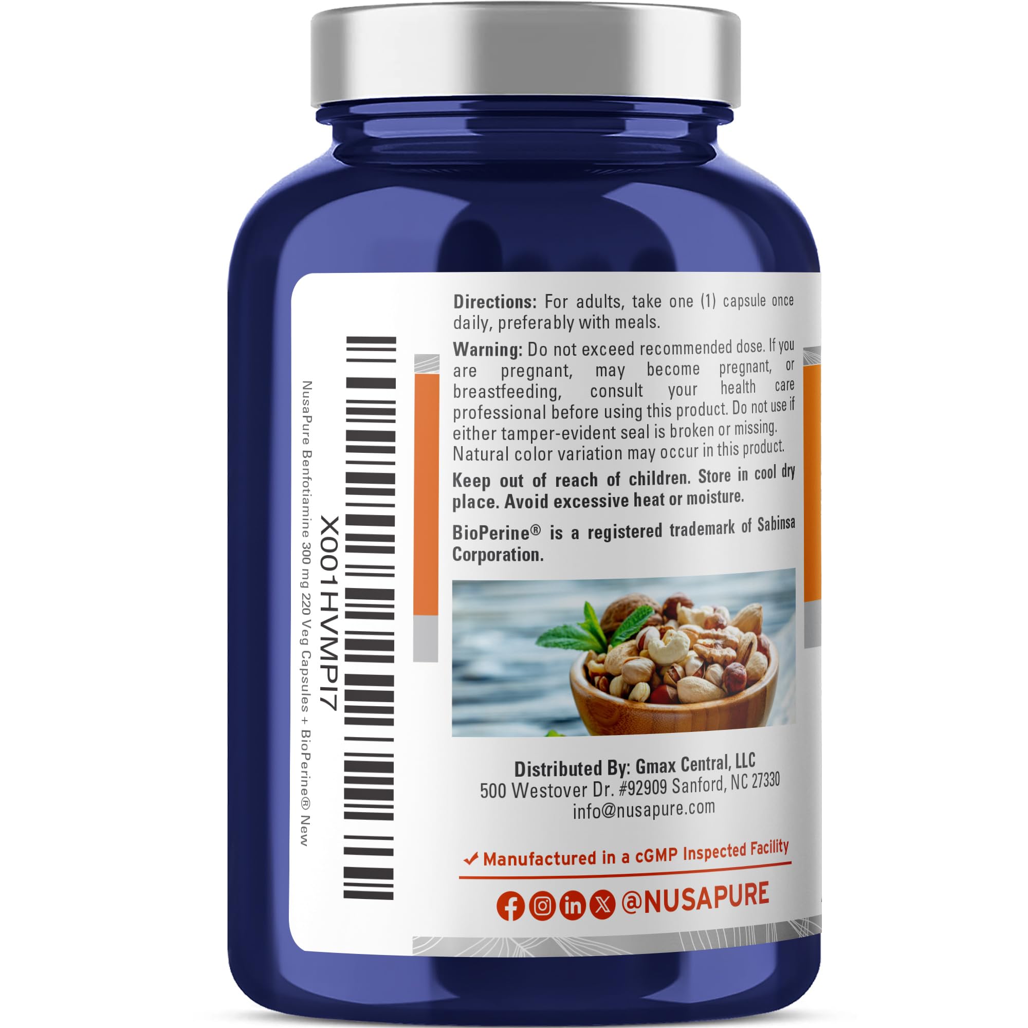NusaPure Benfotiamine 300mg capsules closeup emphasizes easy-to-swallow vegan form