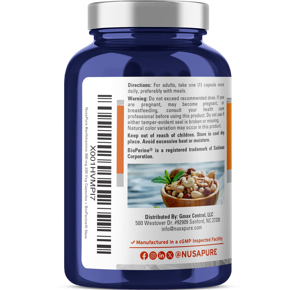 NusaPure Benfotiamine 300mg capsules closeup emphasizes easy-to-swallow vegan form