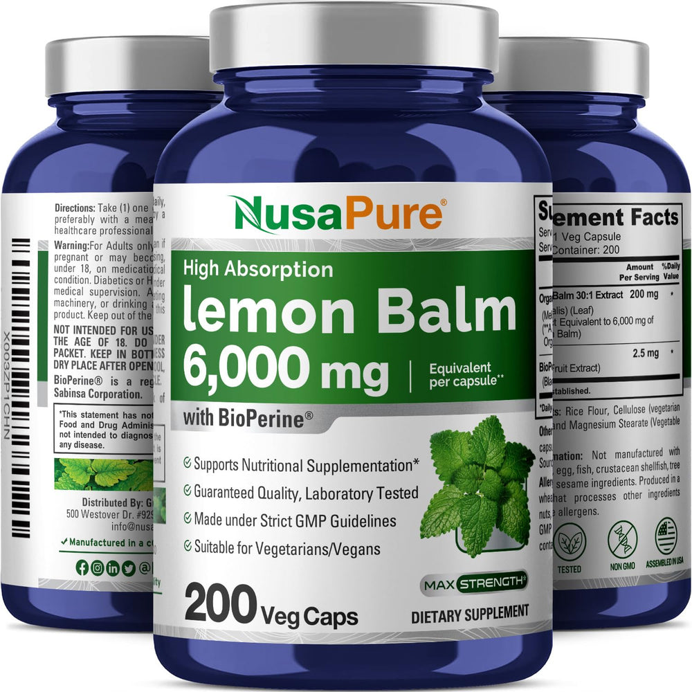 Bioperine inclusion highlighted on lemon balm packaging for absorption
