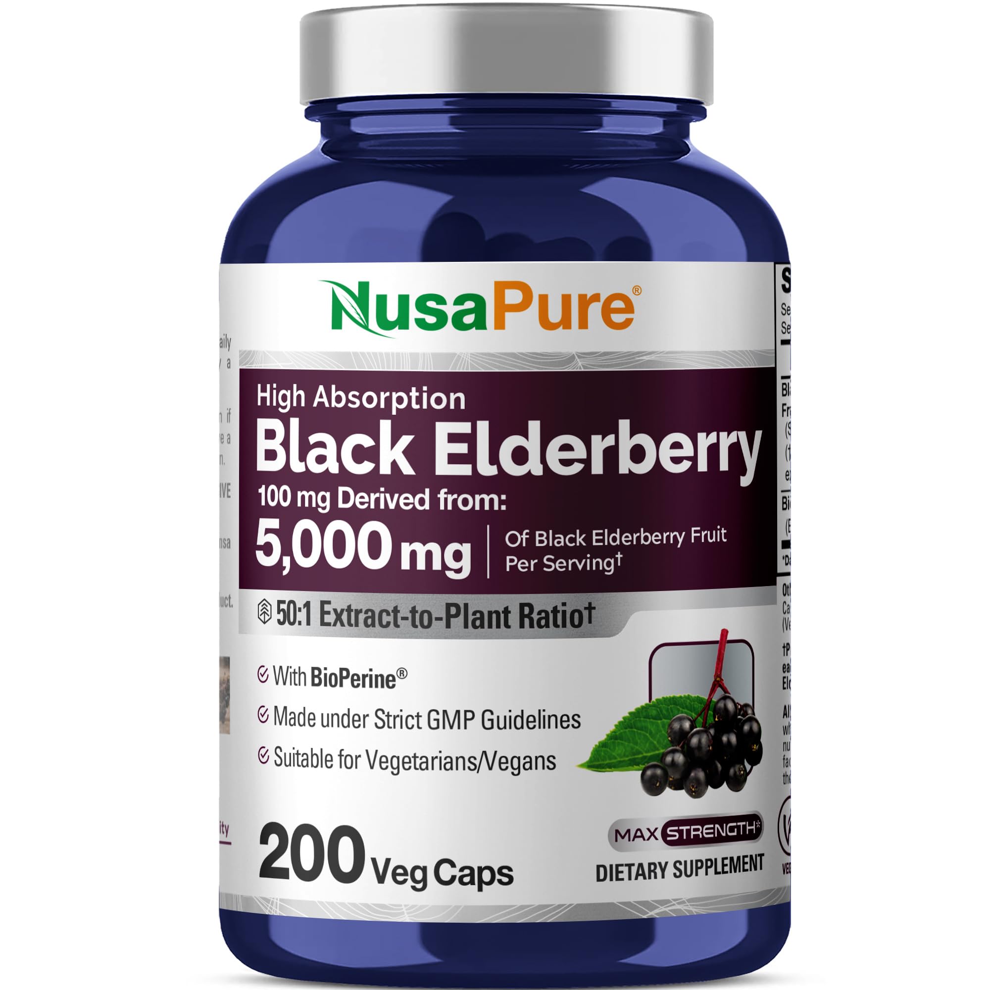 NusaPure Black Elderberry bottle featuring 50:1 extract and high‑absorption formula.