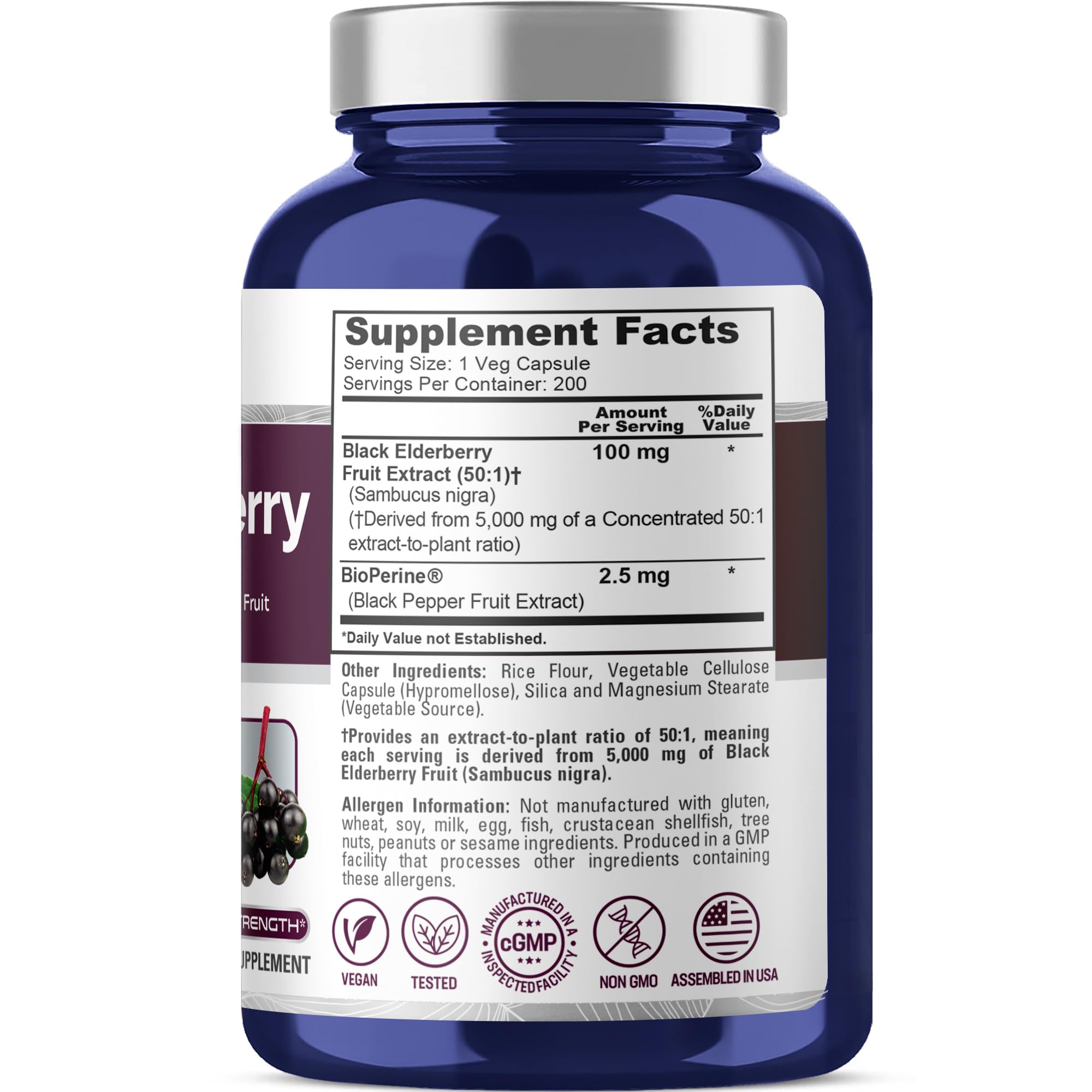 Close‑up of the Elderberry label highlighting 50:1 extract and Bioperine.