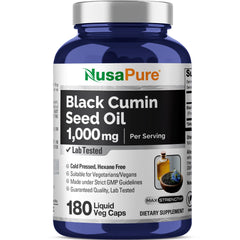 NusaPure Black Seed Oil bottle showing 1000 mg strength for daily wellness