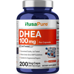 NusaPure DHEA 100mg bottle front showing vegan, non-GMO formulation
